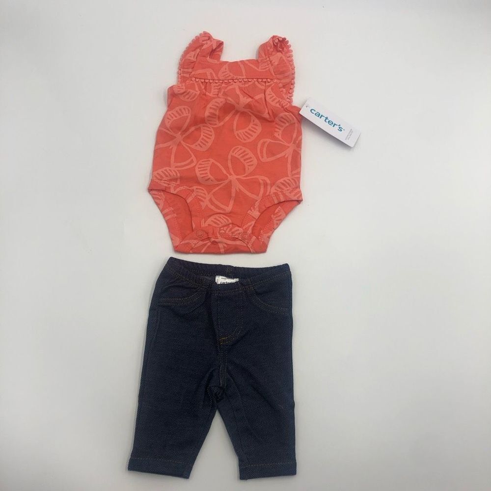 New Carter’s Coral Butterfly Bodysuit & Navy Denim Pants For Newborn Girl